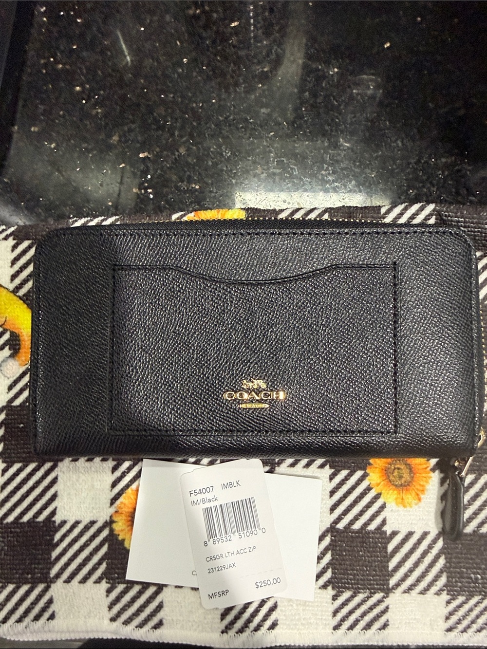 Coach Black Pebbled Leather Zip Wallet with Gold Logo